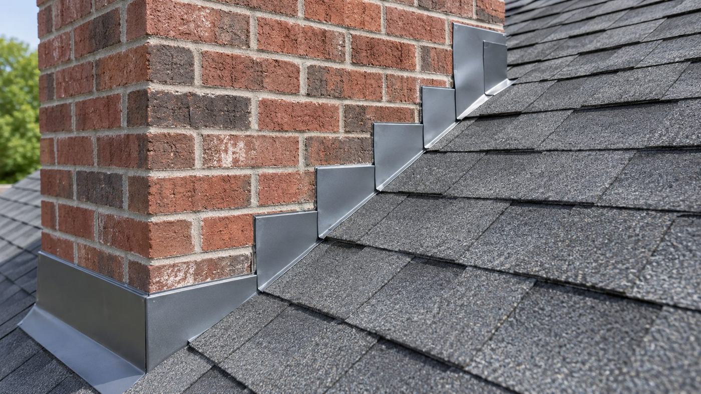 Brick chimney with stepped metal flashing worked into the shingle courses along the joint