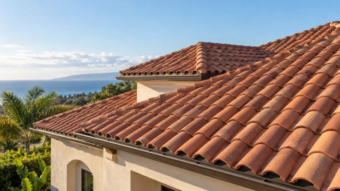 Terracotta barrel tile roof in overlapping courses