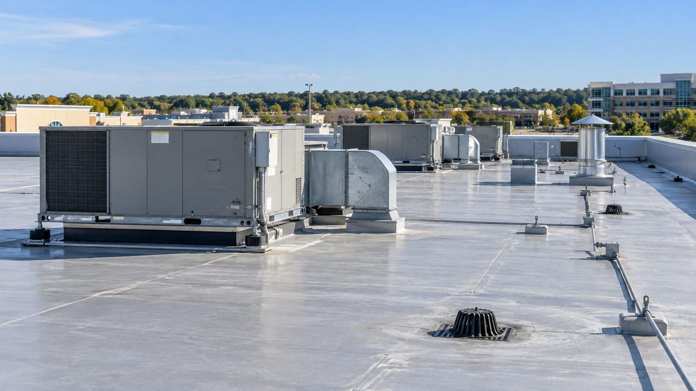 Rooftop units and drains on a flat commercial roof