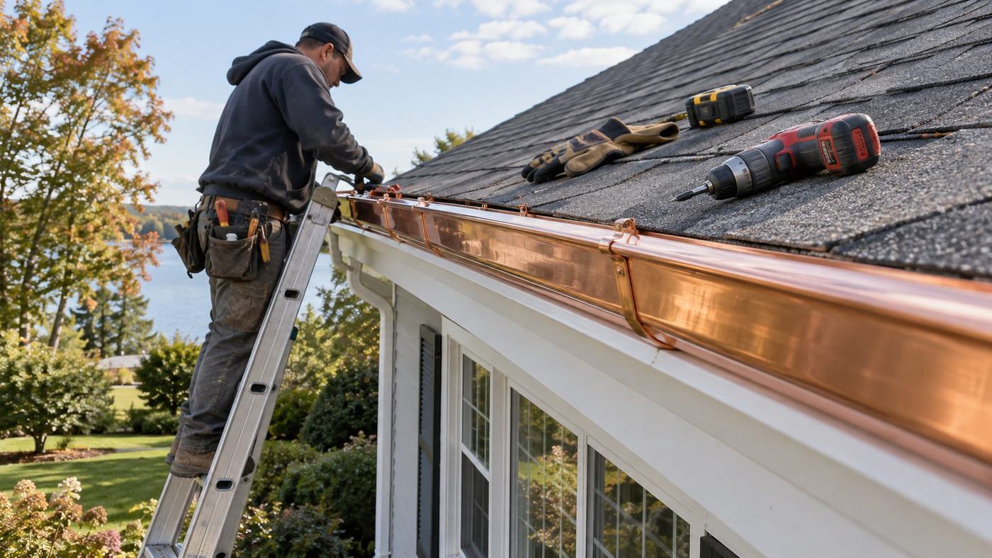 New copper gutter being hung along the eave of a shingle roof