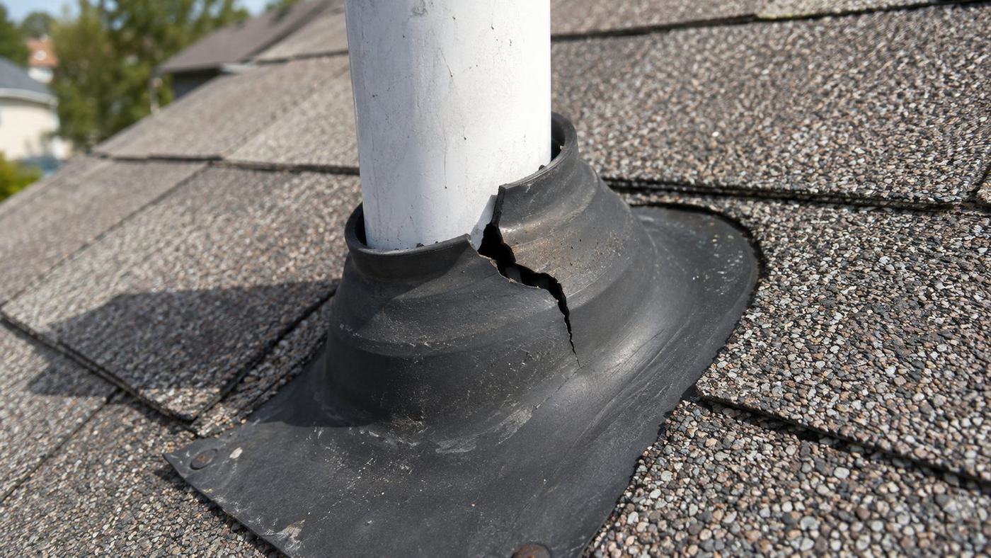 Split rubber pipe boot on an asphalt shingle roof, a common source of a ceiling leak