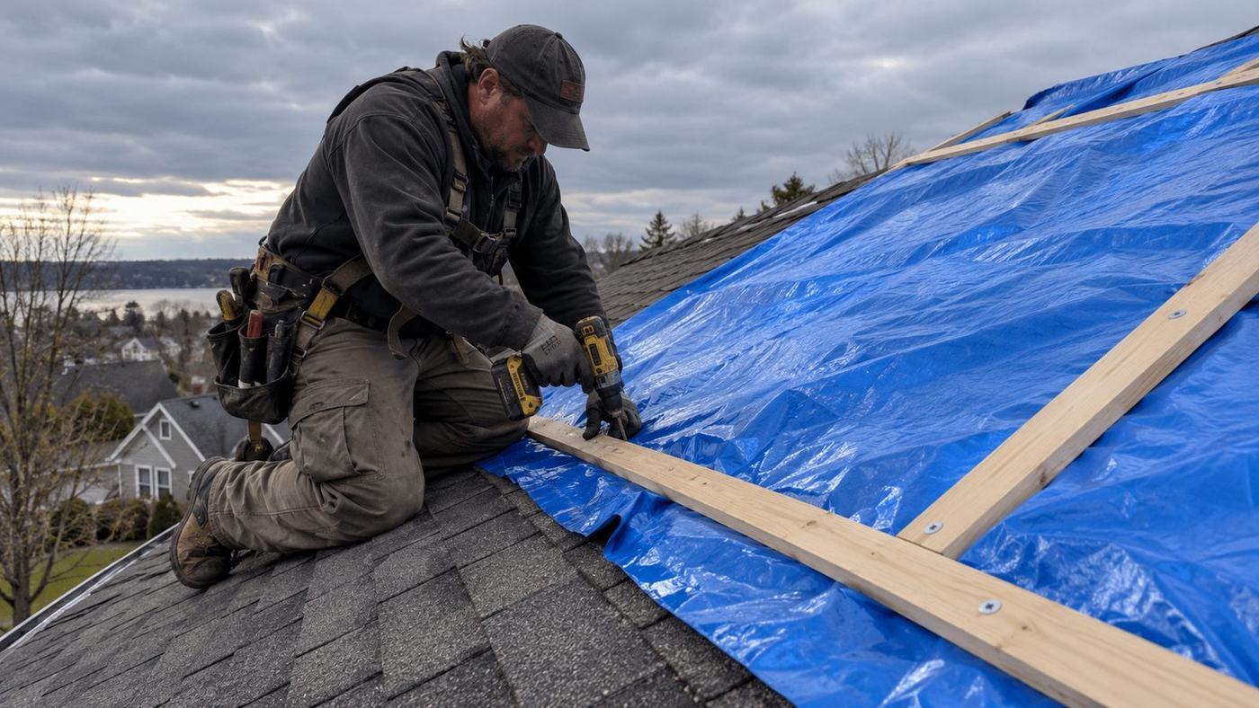 Wood battens screwed through a blue poly tarp to hold it down over an open roof section
