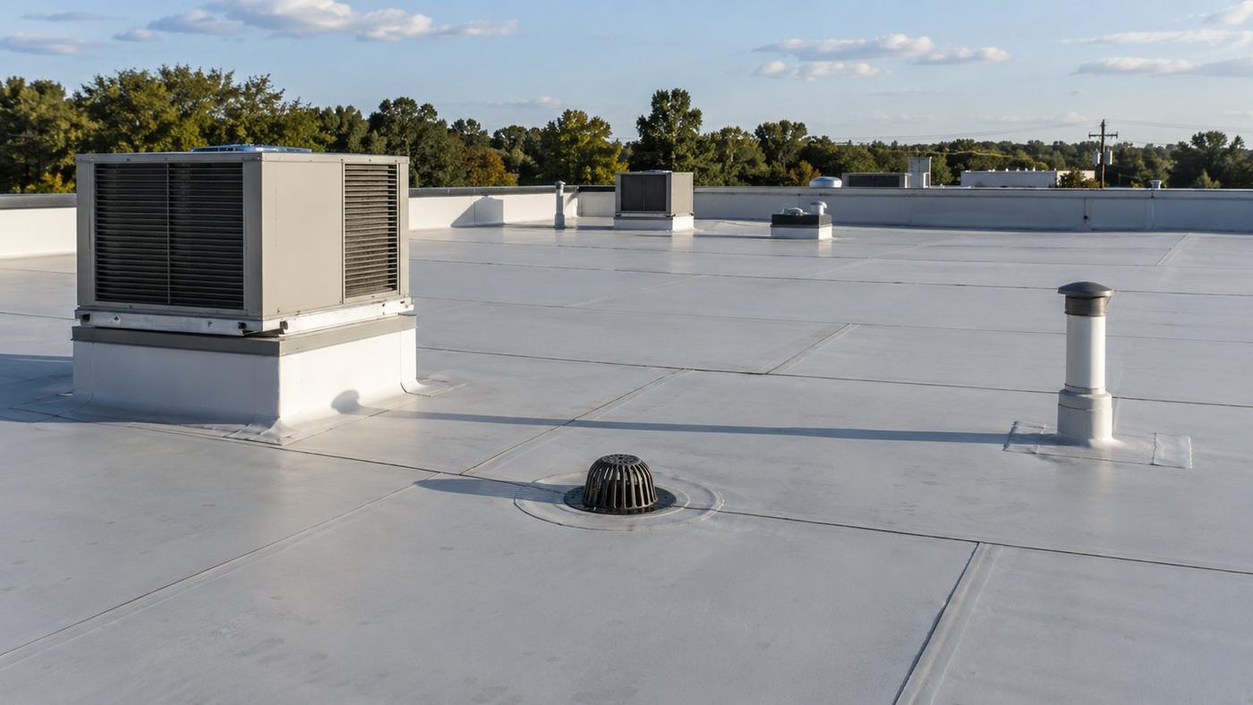 White low-slope membrane roof with a roof drain and rooftop unit