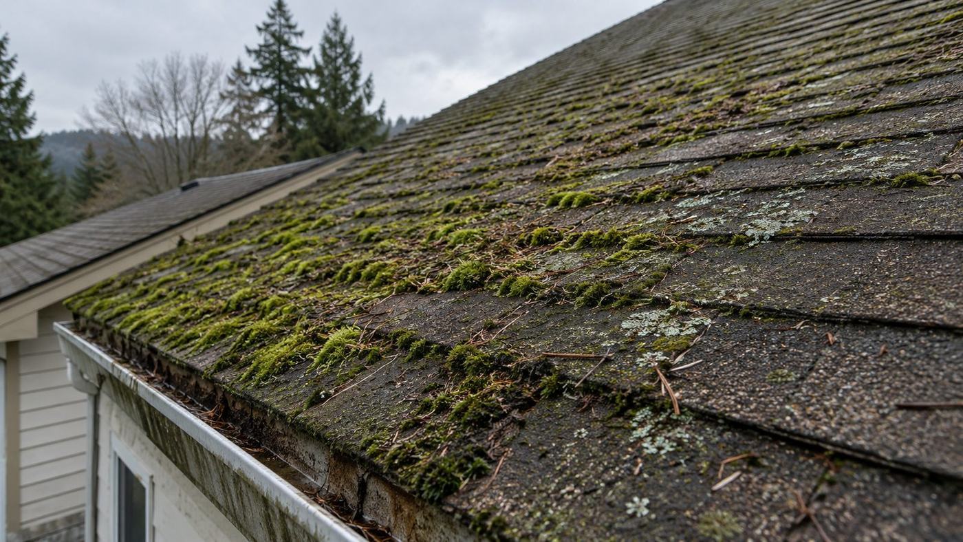 Moss growing across an aging shingle roof above a debris-filled gutter