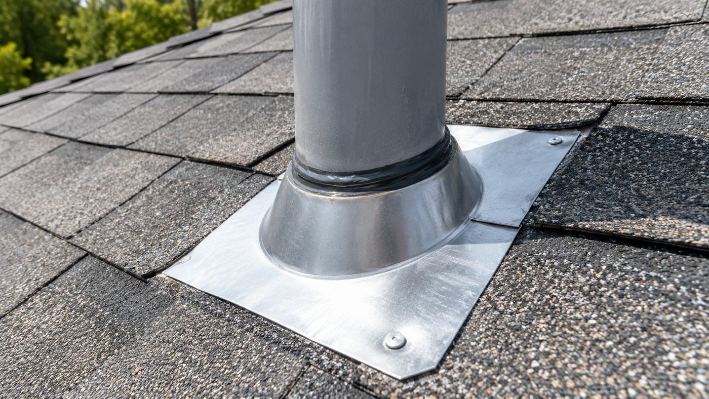 Replacement metal pipe flashing set into the shingle courses after the failed boot was removed