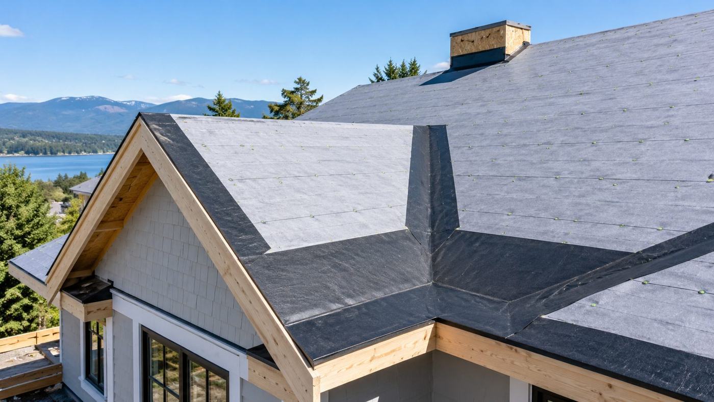 Finished architectural asphalt shingle roof with clean valleys and ridge lines