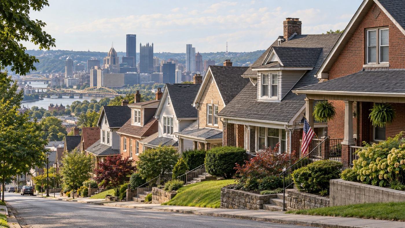 Brick and frame houses stepping down a Pittsburgh hillside street toward the city skyline