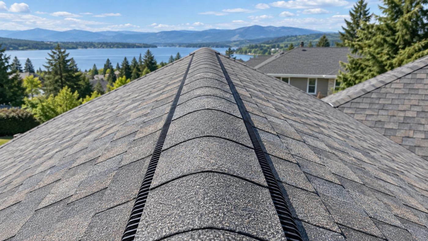 Continuous ridge vent running along the peak of a finished shingle roof