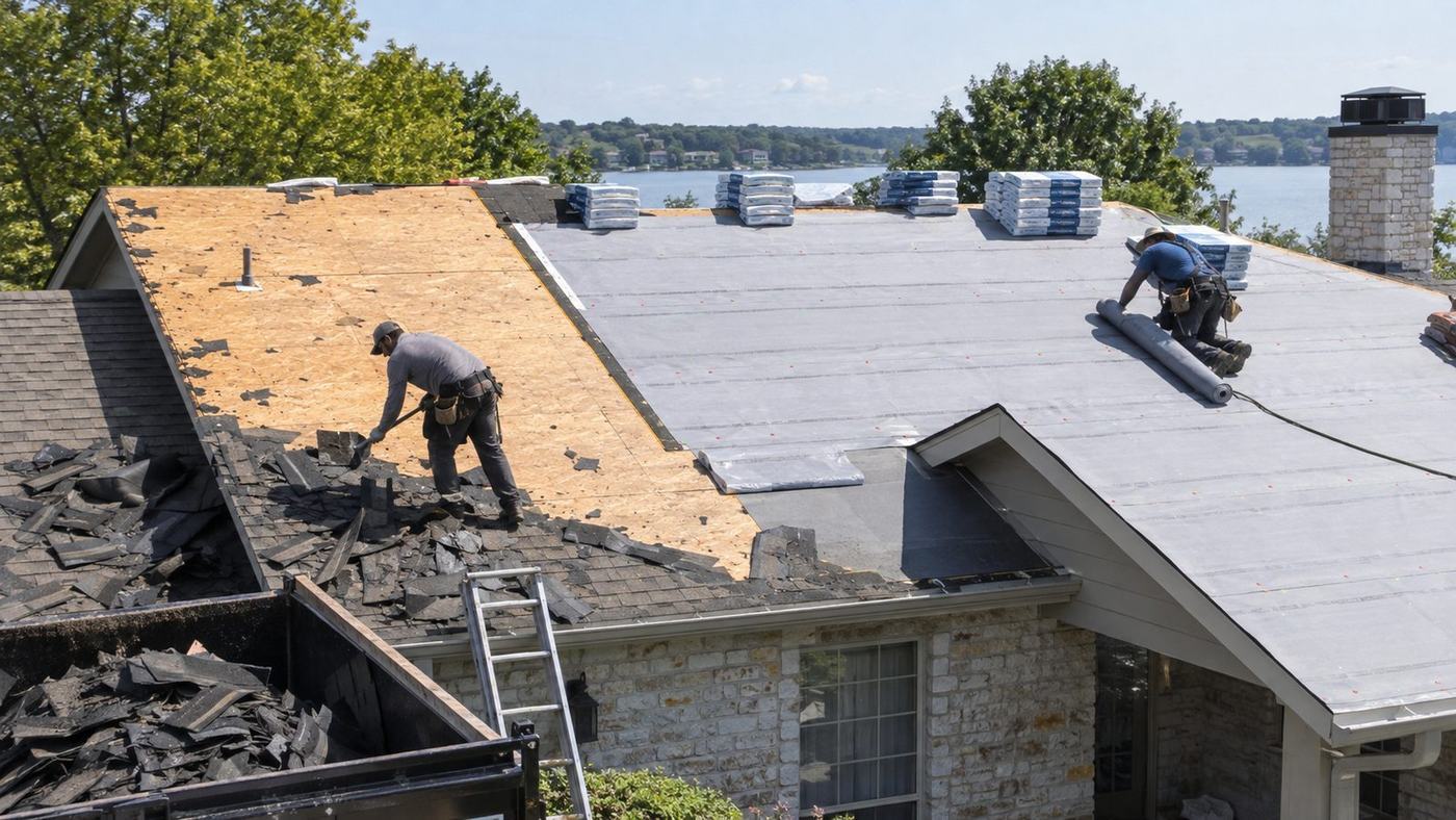 Crew stripping old shingles down to the bare deck during a full roof tear-off