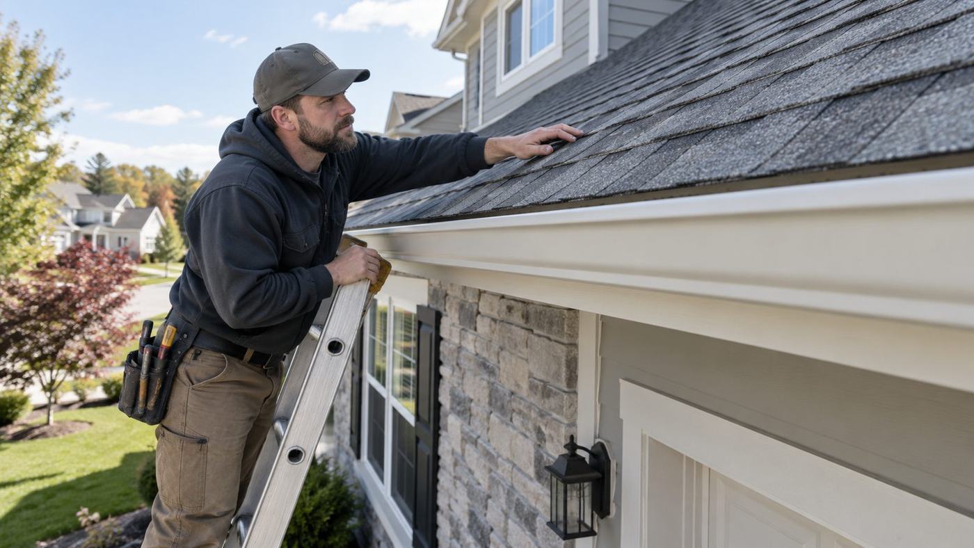 Roofer checking the roof edge and gutter from a ladder
