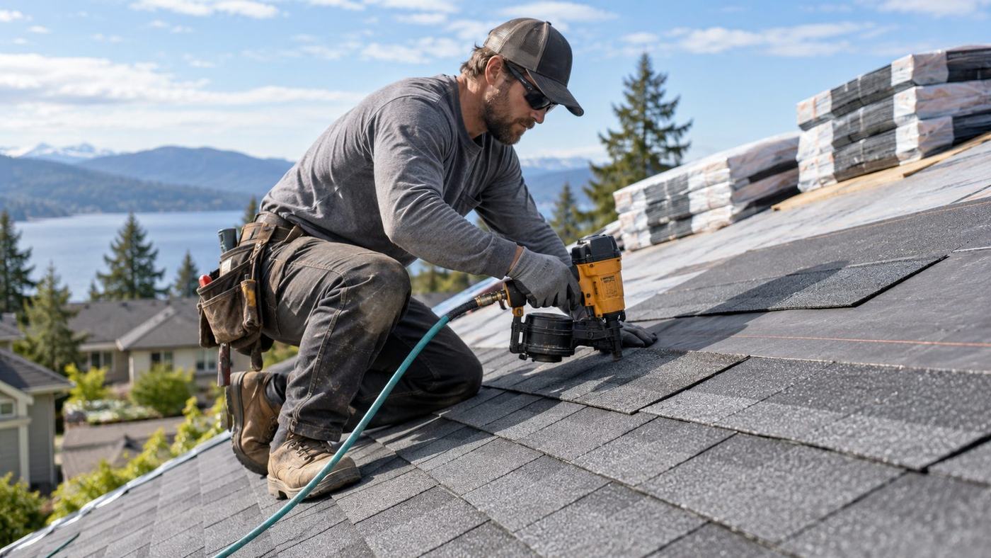 Roofer nailing shingles into place on a residential roof
