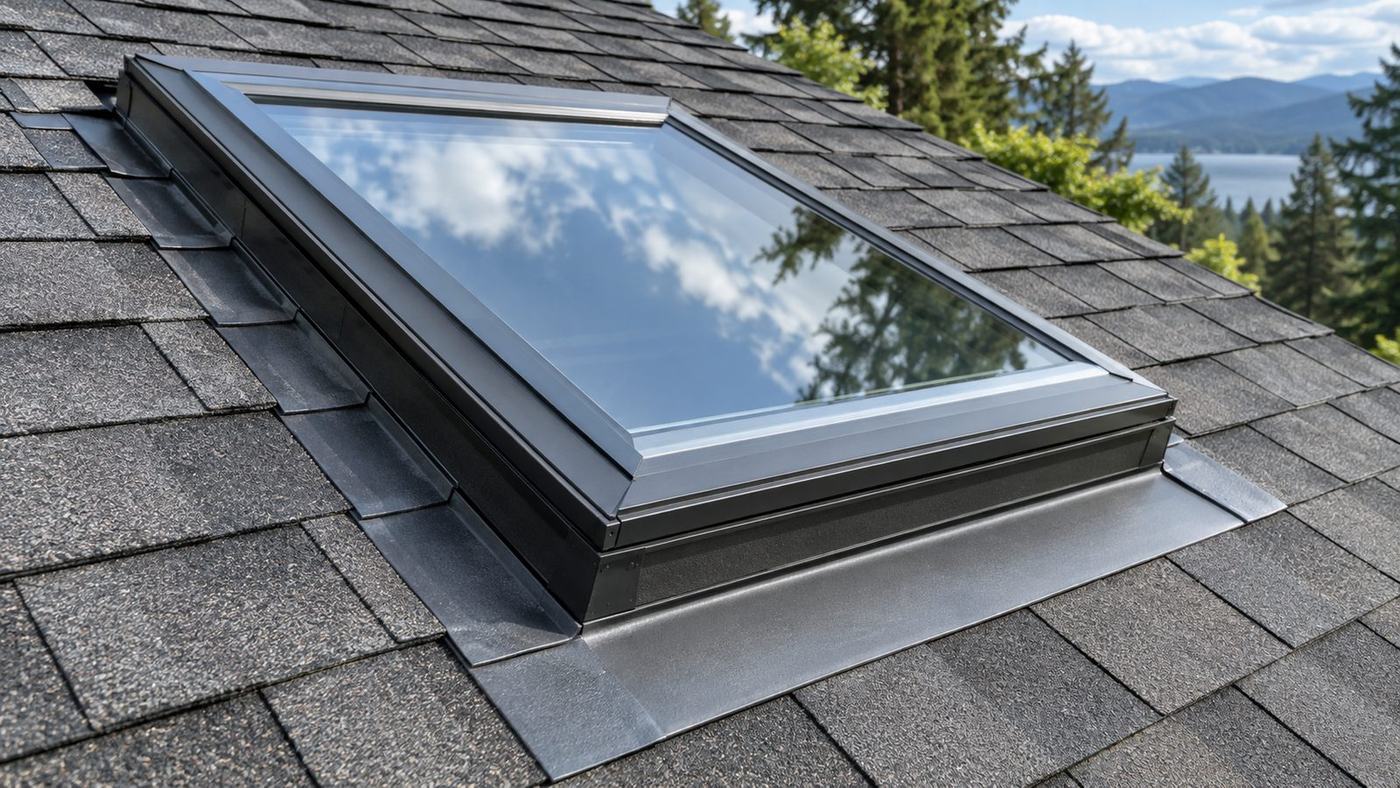 Skylight curb flashed into a shingle roof, a detail that leaks when the flashing fails