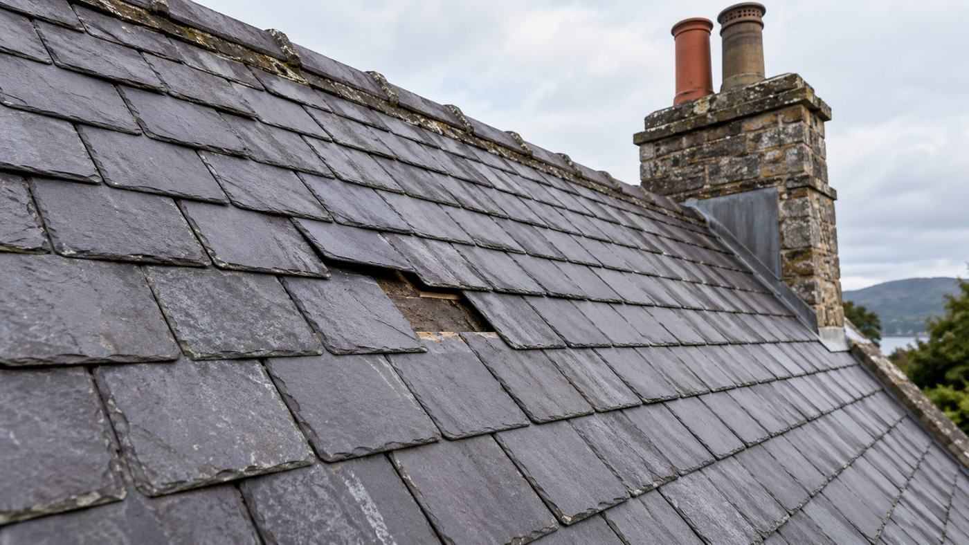Slate roof and stone chimney on an older home