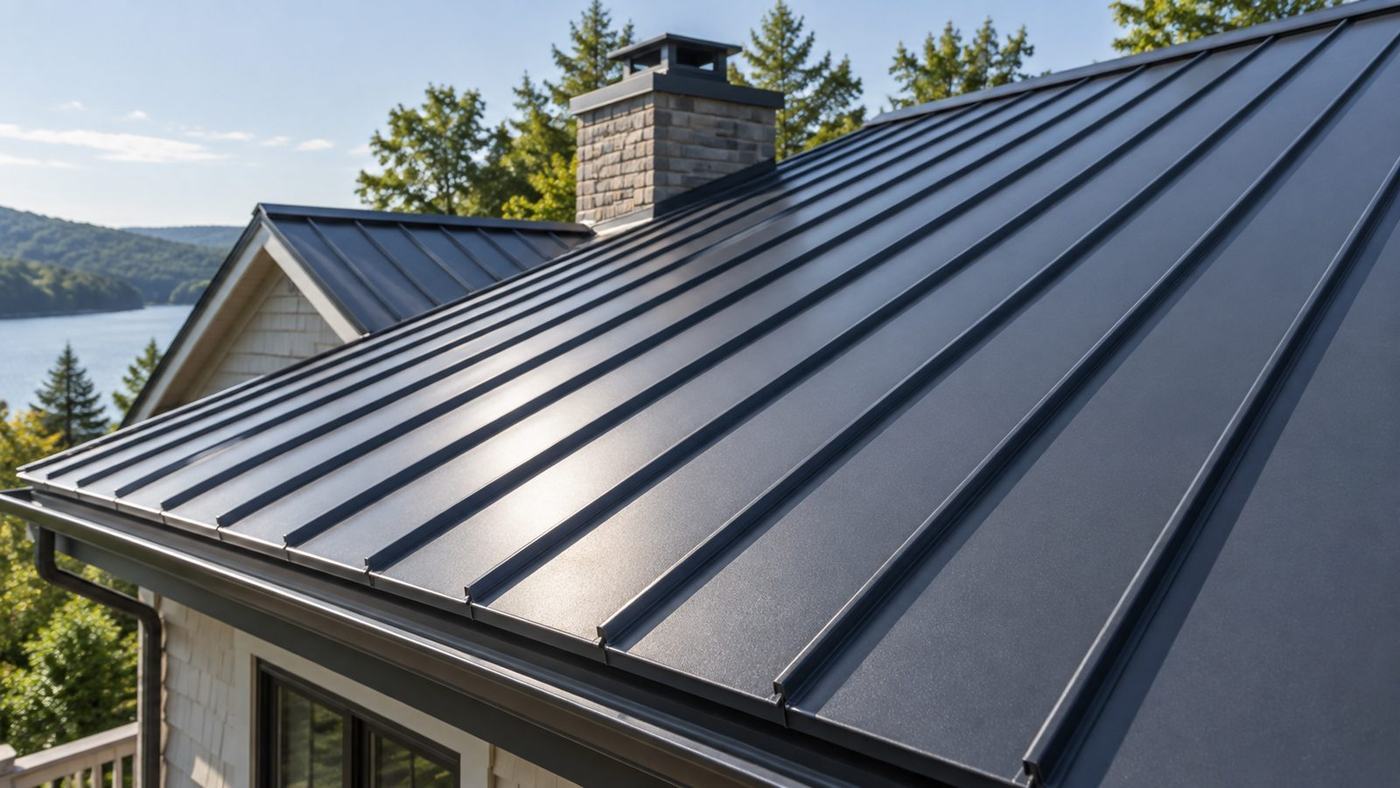 Dark standing seam metal roof panels with raised vertical seams running to the eave
