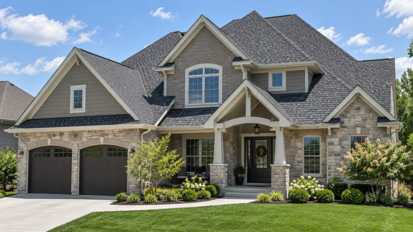 Suburban home with a newly finished shingle roof