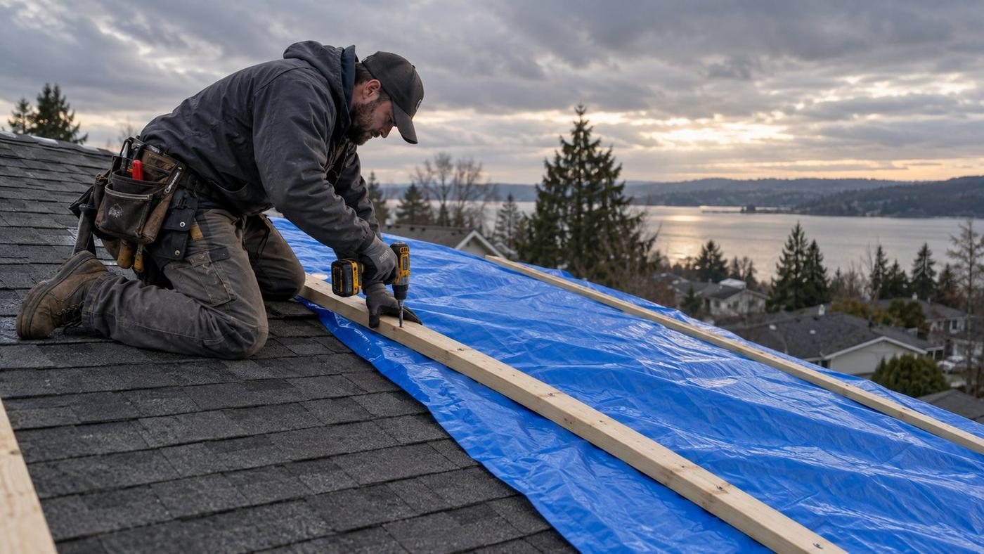 Emergency tarp being fastened over storm damage before nightfall